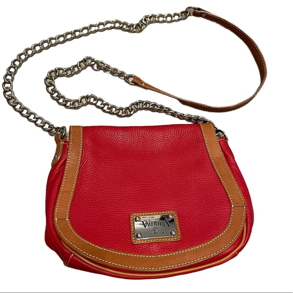 Valentina Italia Red Leather Crossbody Purse Chain Bag Gem